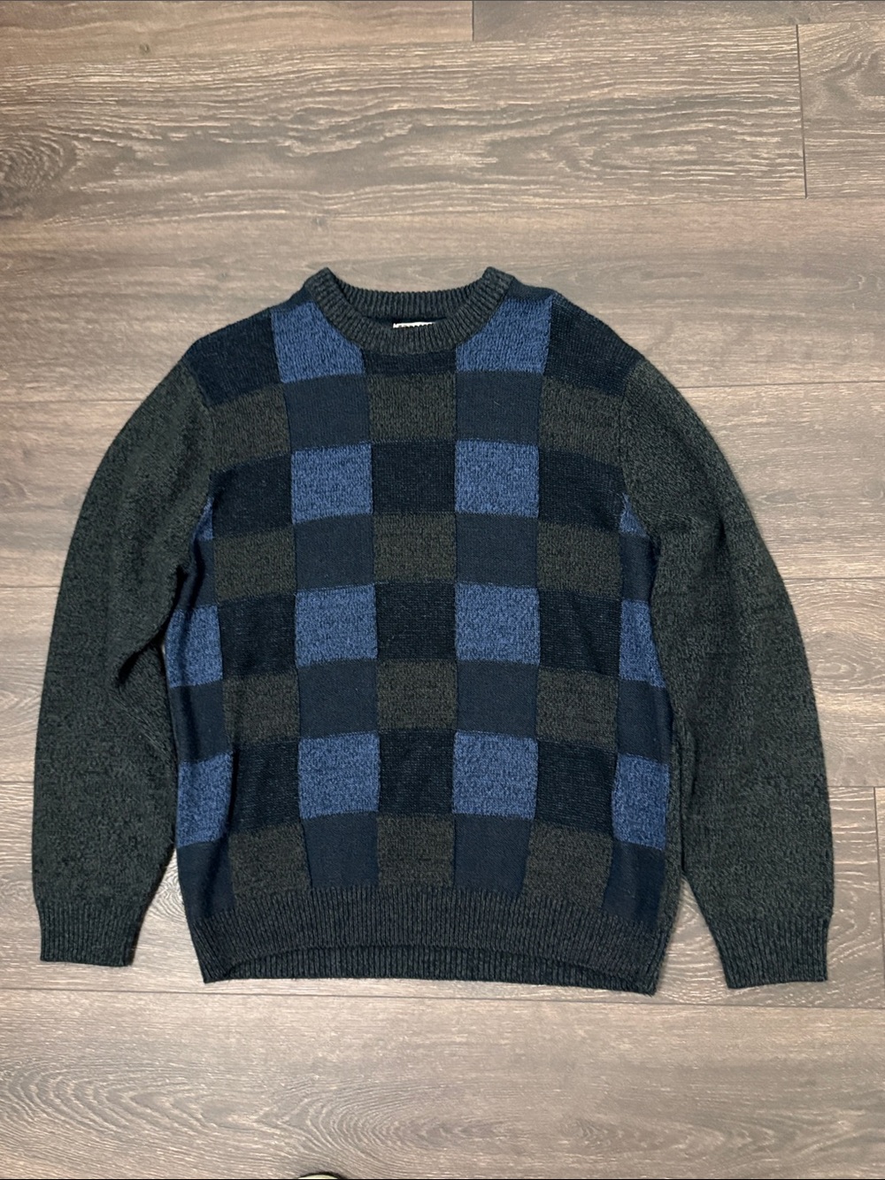 Vintage Bold Blue and Charcoal Checkerboard  Acrylic Sweater